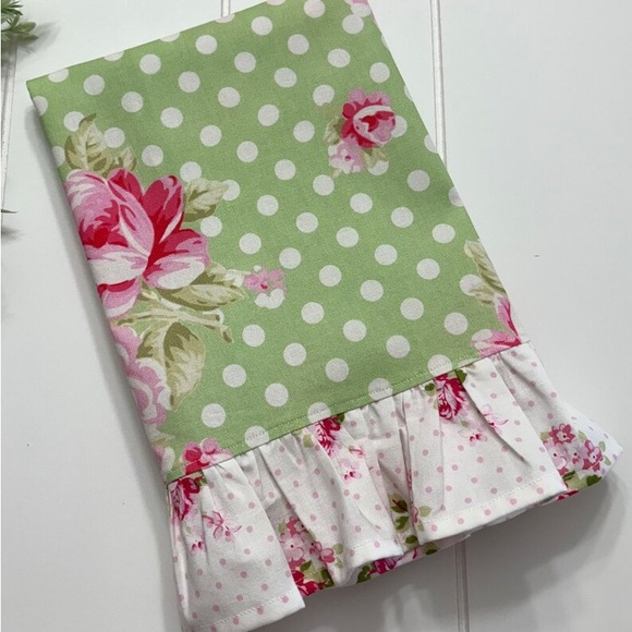 Shabby Cottage Roses Farmhouse Green Decorative Tea Dish Towel and Pot Holder - Picture 2 of 9